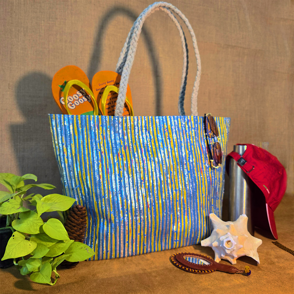 Rajiben- Blue Vertical Stripe Upcycled Plastic Handwoven Rectangular Shoulder Bag - Image 2