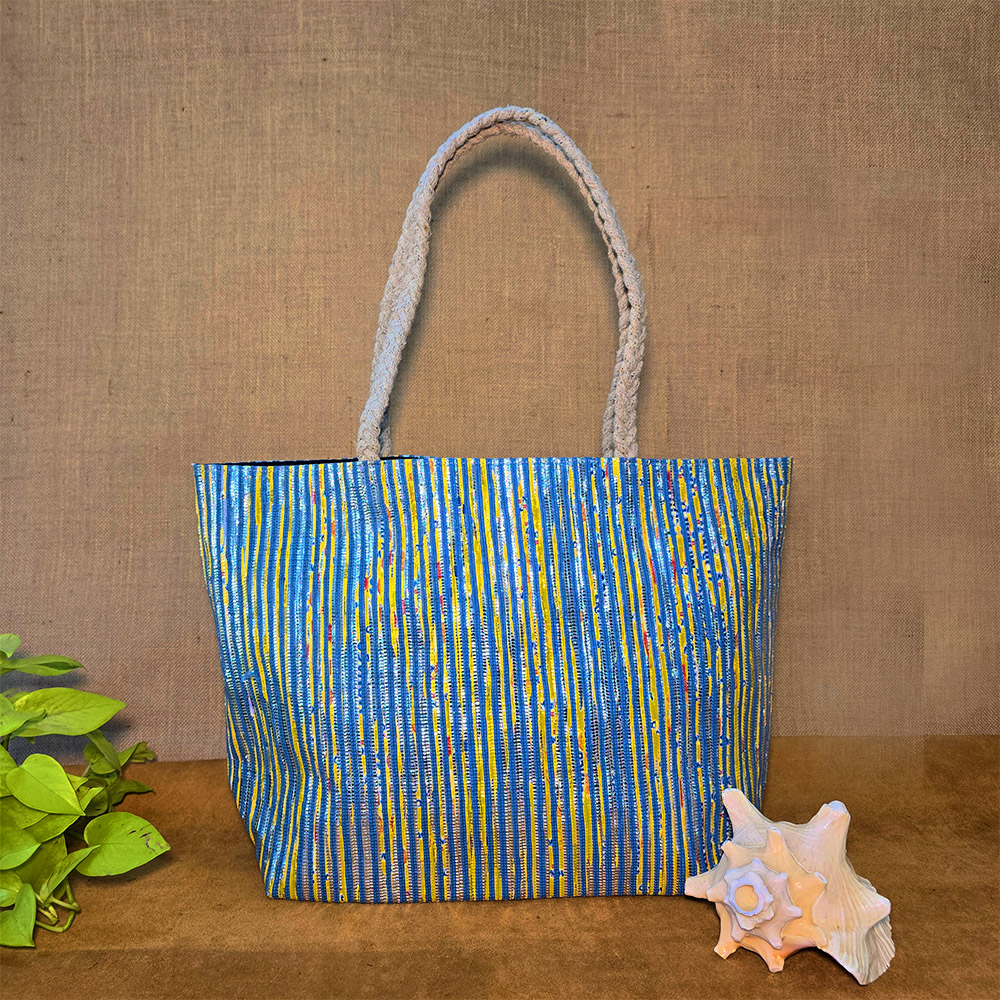 Rajiben- Blue Vertical Stripe Upcycled Plastic Handwoven Rectangular Shoulder Bag - Image 3