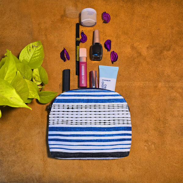 Rajiben- White & Blue strip Upcycled Plastic Handwoven Utility use pouch