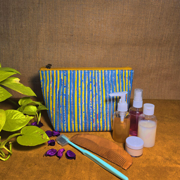 Rajiben- Yellow & Blue strip Upcycled Plastic Handwoven everyday use pouch