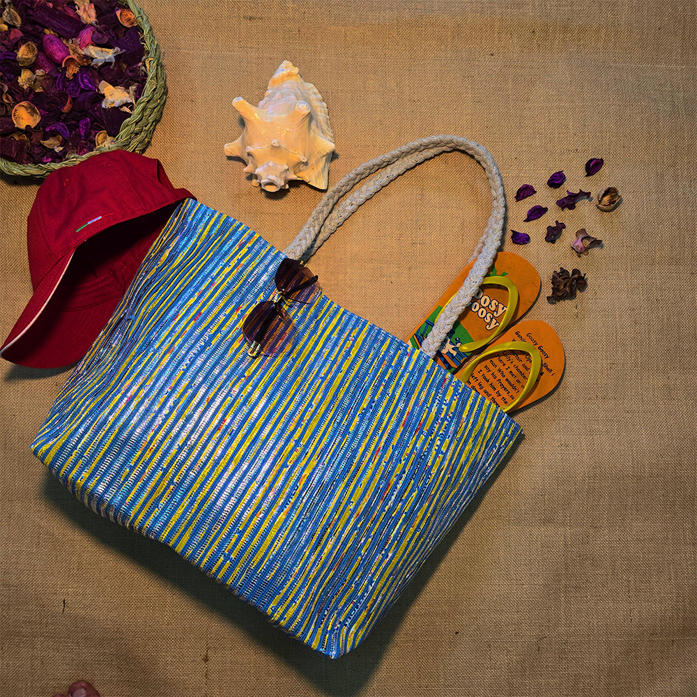 Rajiben- Blue Vertical Stripe Upcycled Plastic Handwoven Rectangular Shoulder Bag - Image 4