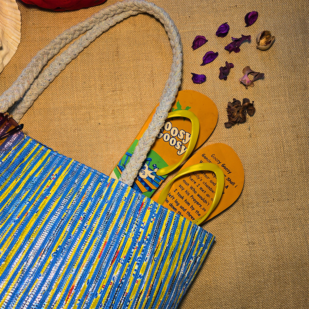 Rajiben- Blue Vertical Stripe Upcycled Plastic Handwoven Rectangular Shoulder Bag - Image 5