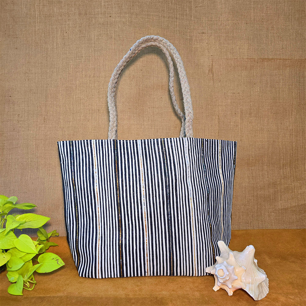Rajiben- Black & White Vertical Stripe Upcycled Plastic Handwoven Rectangular Shoulder Bag - Image 2