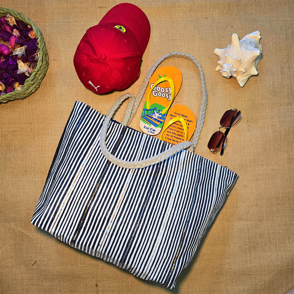 Rajiben- Black & White Vertical Stripe Upcycled Plastic Handwoven Rectangular Shoulder Bag - Image 3