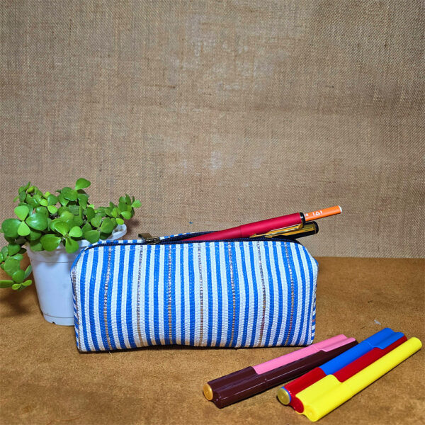 Rajiben- Blue & White strip Upcycled Plastic Handwoven Stationery use pouch