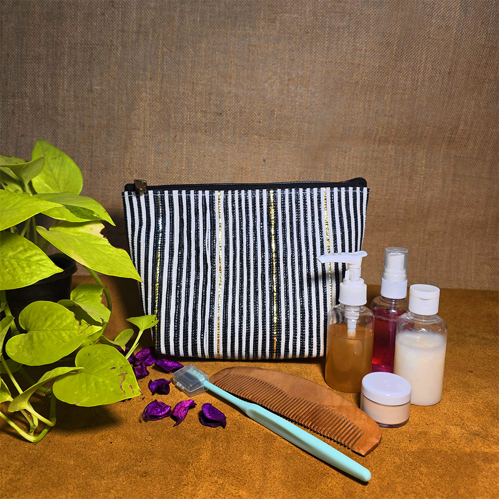 Rajiben- Black & White strip Upcycled Plastic Handwoven everyday use pouch