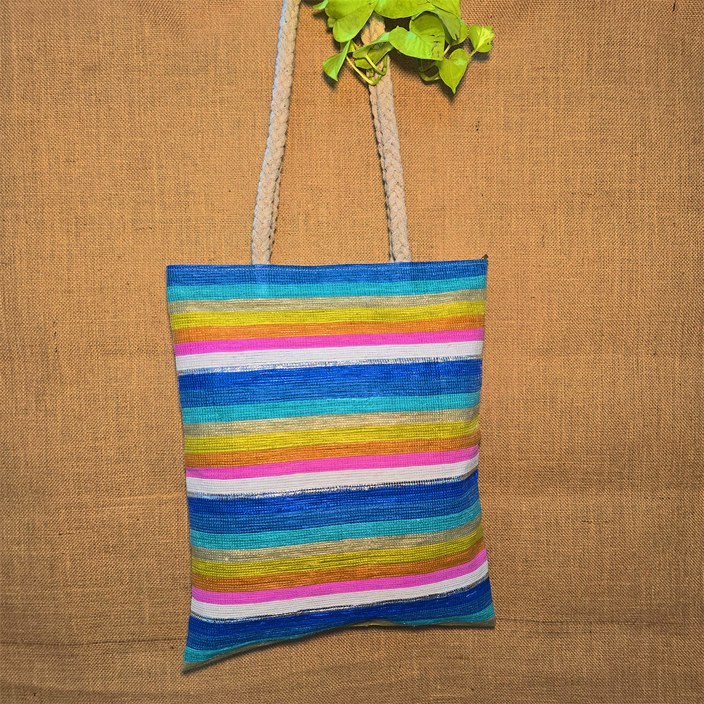 Rajiben- Blue & Yellow Upcycled Plastic Handwoven Wide Top Office Shoulder Bag - Image 3