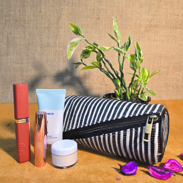 Rajiben- White & Black strip Upcycled Plastic Handwoven Round Pouch