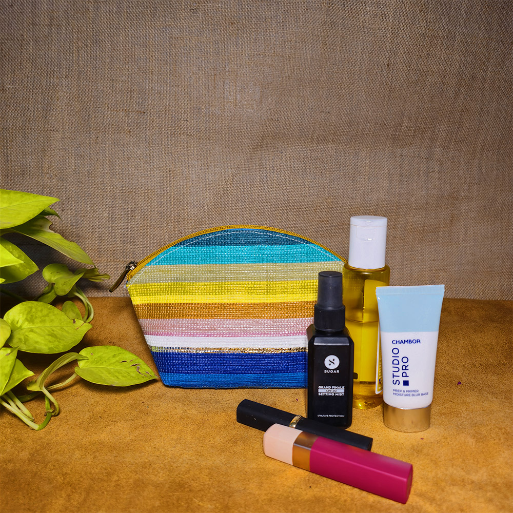 Rajiben- Multicolour strip Upcycled Plastic Handwoven everyday use pouch - Image 2