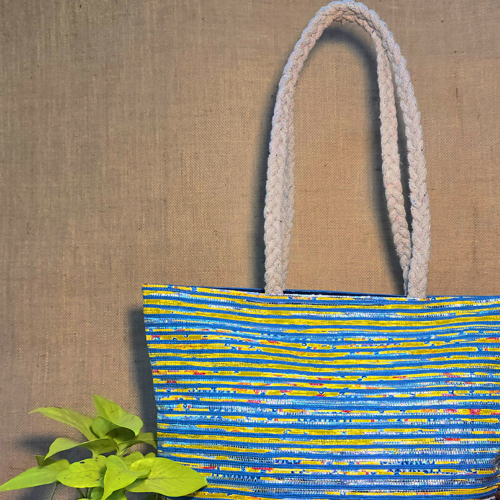 Rajiben- Blue horizontal Stripe Upcycled Plastic Handwoven Rectangular Shoulder Bag - Image 4