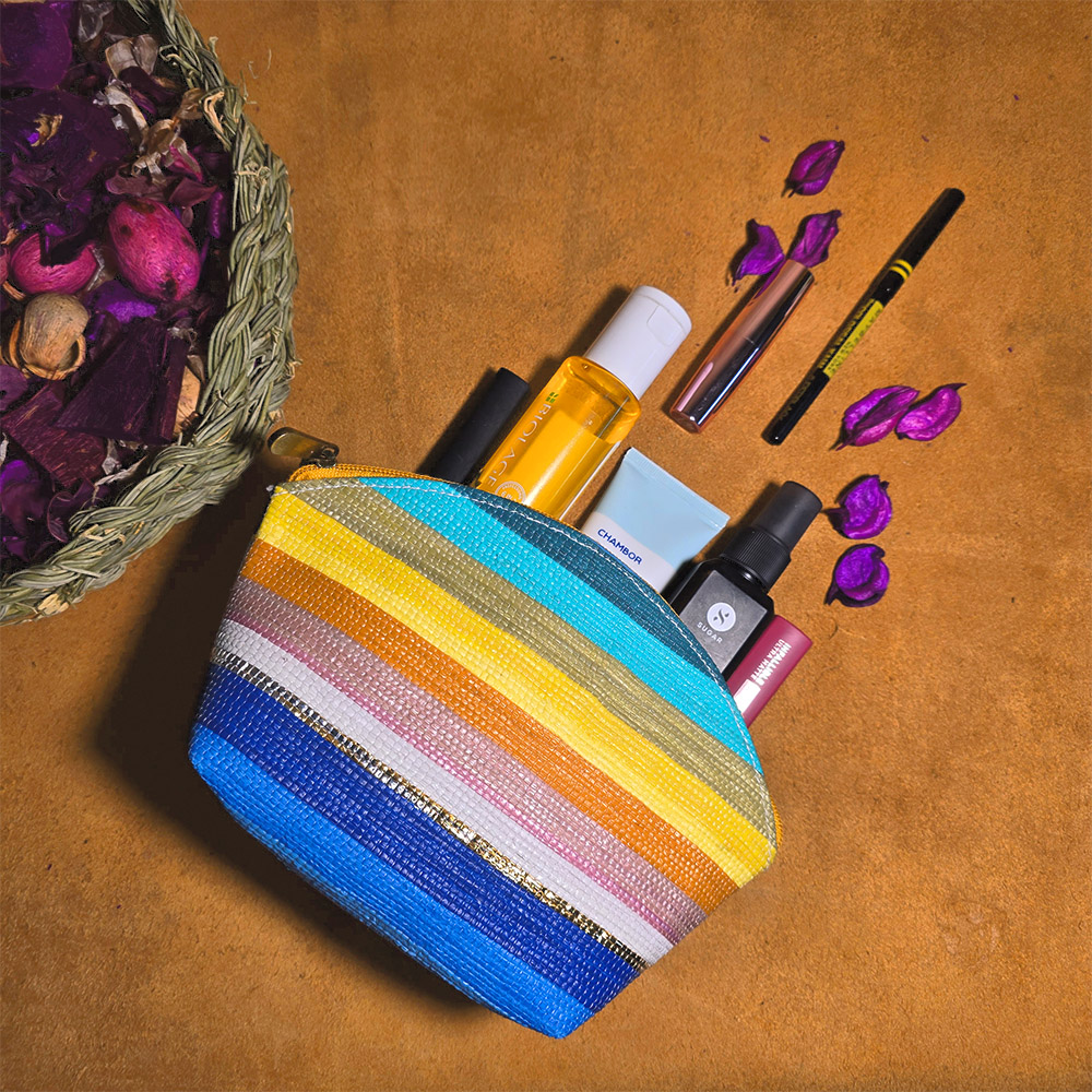 Rajiben- Multicolour strip Upcycled Plastic Handwoven everyday use pouch