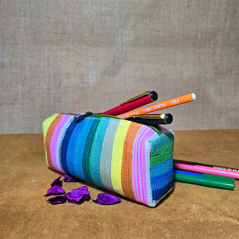 Rajiben- Rainbow strip Upcycled Plastic Handwoven Stationery use pouch - Image 2