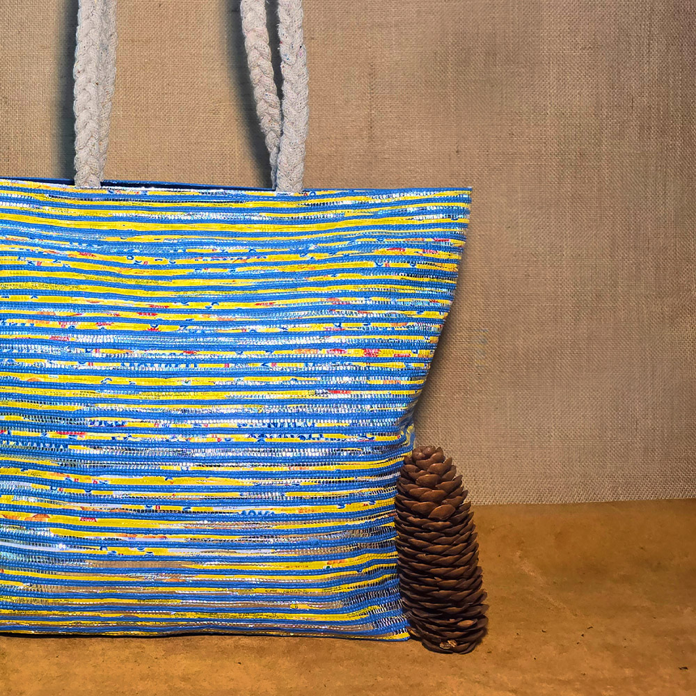 Rajiben- Blue horizontal Stripe Upcycled Plastic Handwoven Rectangular Shoulder Bag - Image 3