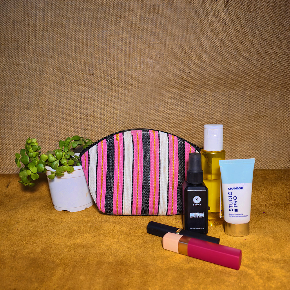 Rajiben- Pink & white strip Upcycled Plastic Handwoven everyday use pouch - Image 2