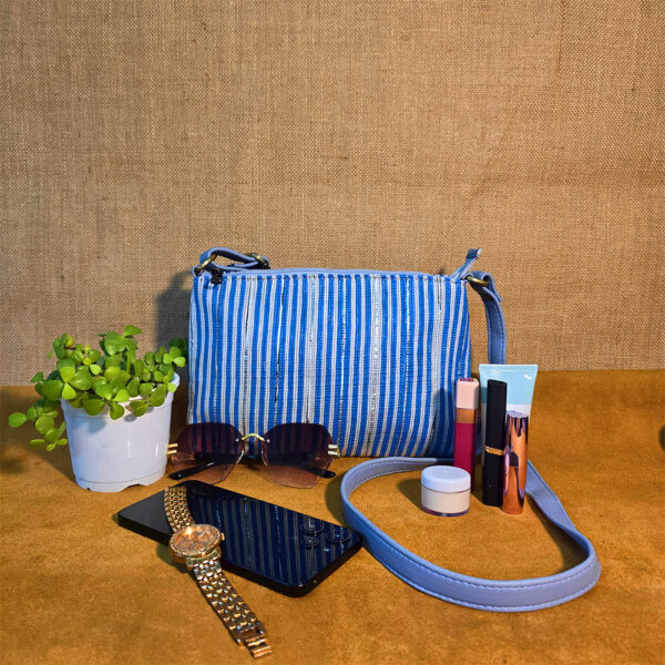 Rajiben- Blue & White strip Upcycled Plastic Handwoven Rectangular Sling Bag