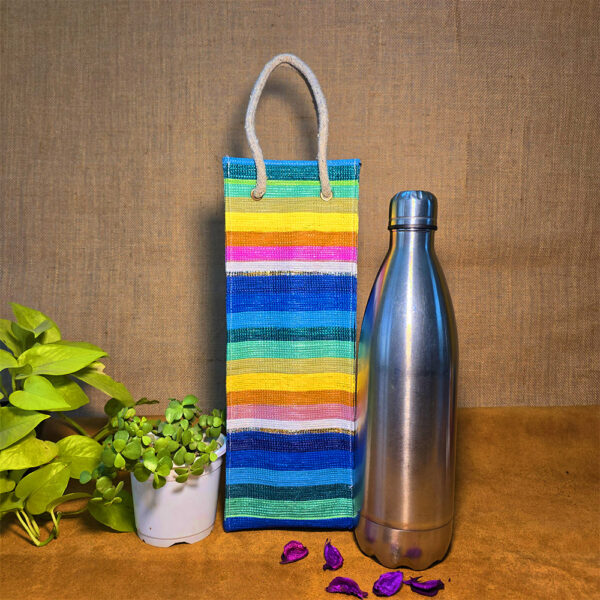 Rajiben – Yellow- Multicolour Stripe Upcycled Plastic Handwoven Raji Bottle Cover