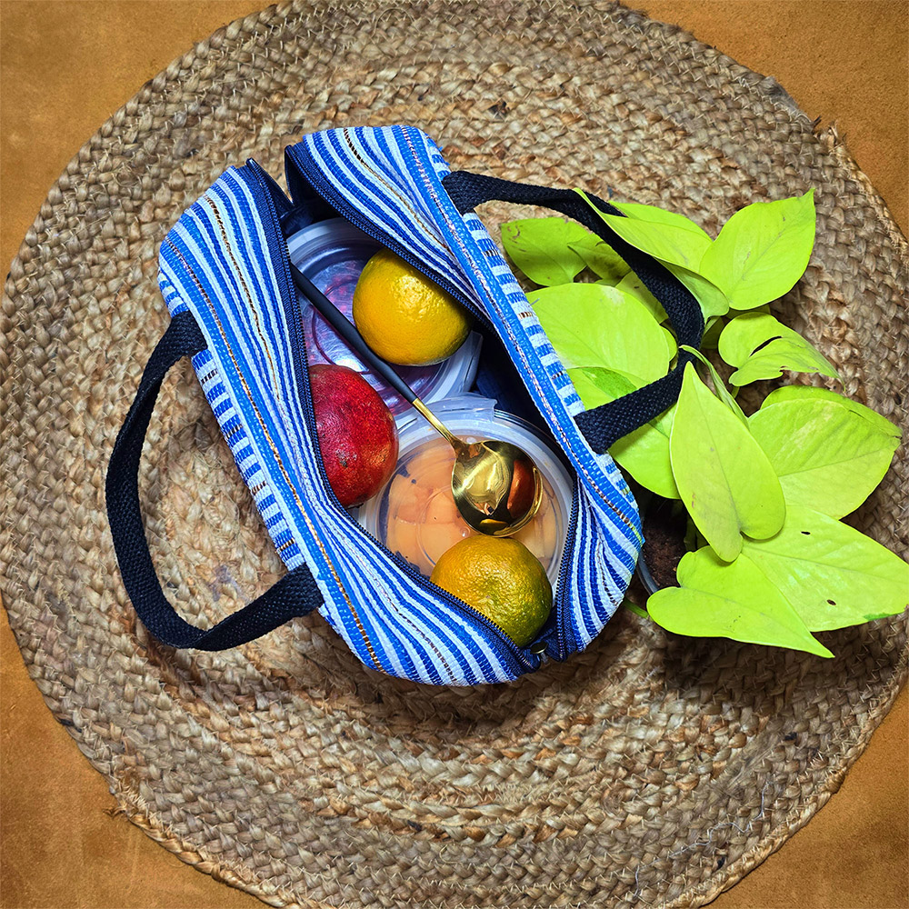 Rajiben – Blue & White Stripe Upcycled Plastic Handwoven Lunch Bag - Image 3
