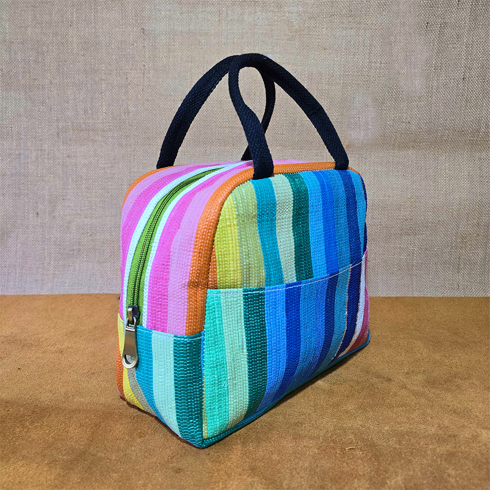 Rajiben – Blue & Pink Stripe Upcycled Plastic Handwoven Lunch Bag - Image 3