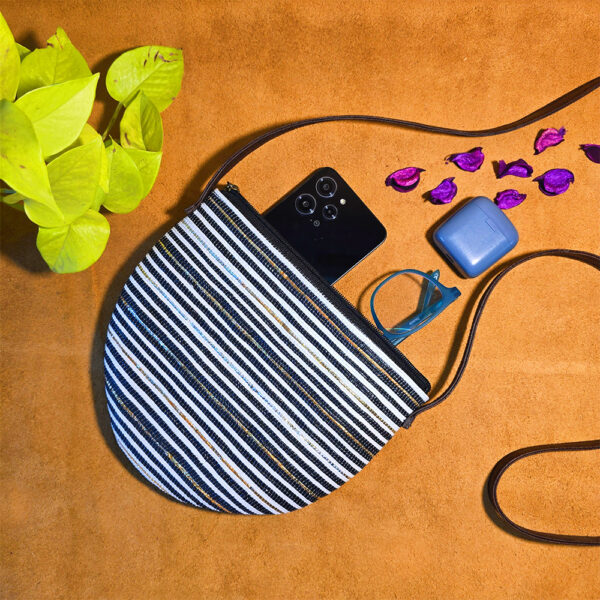 Rajiben- Black & White Stripe Upcycled Plastic Handwoven Half Moon Sling Bag