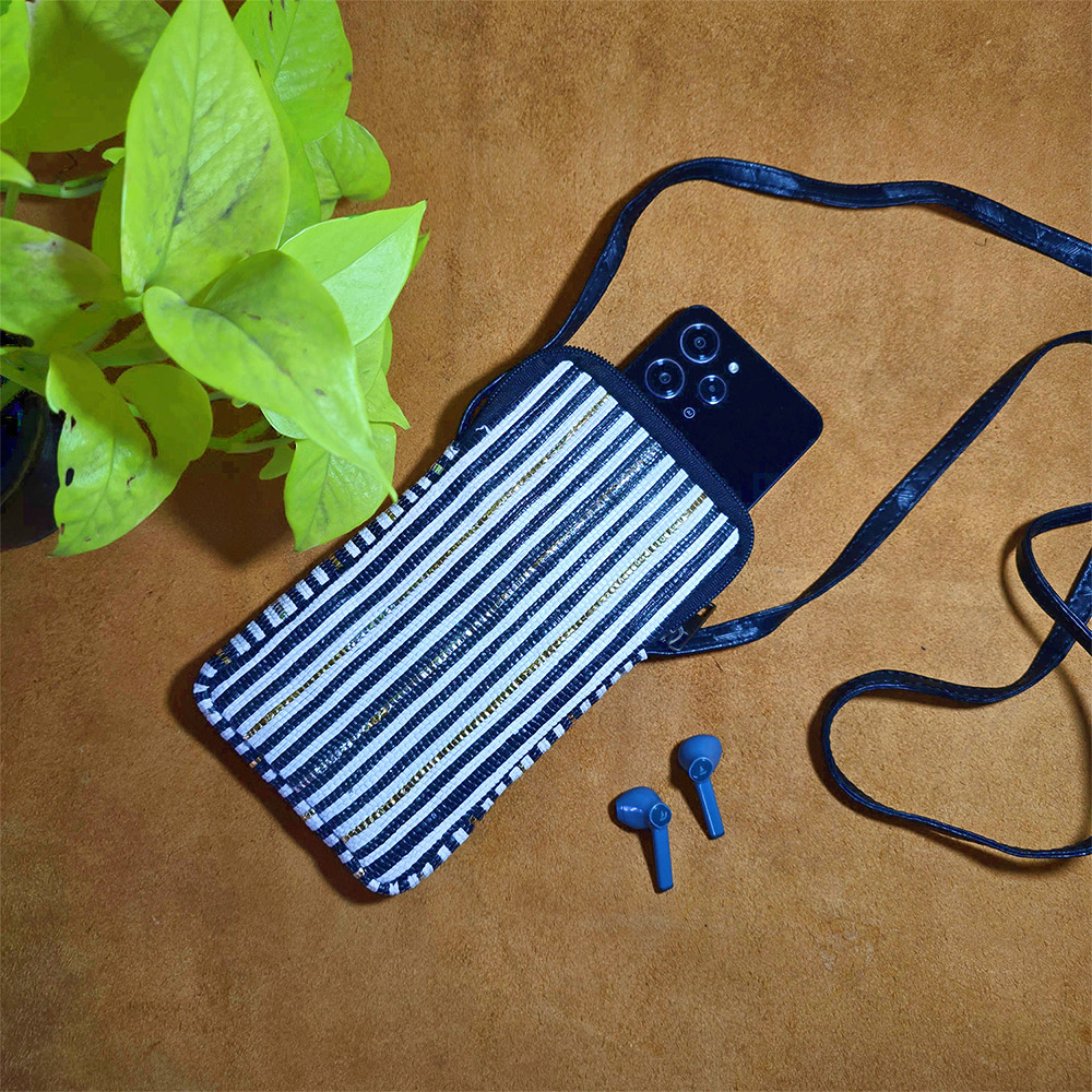 Rajiben- Black & White vertical strip Upcycled Plastic Handwoven Mobile Sling Bag - Image 2
