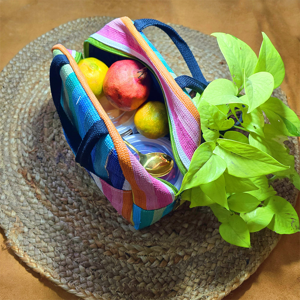 Rajiben – Blue & Pink Stripe Upcycled Plastic Handwoven Lunch Bag - Image 4