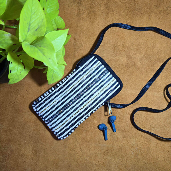Rajiben- Black & White vertical strip Upcycled Plastic Handwoven Mobile Sling Bag
