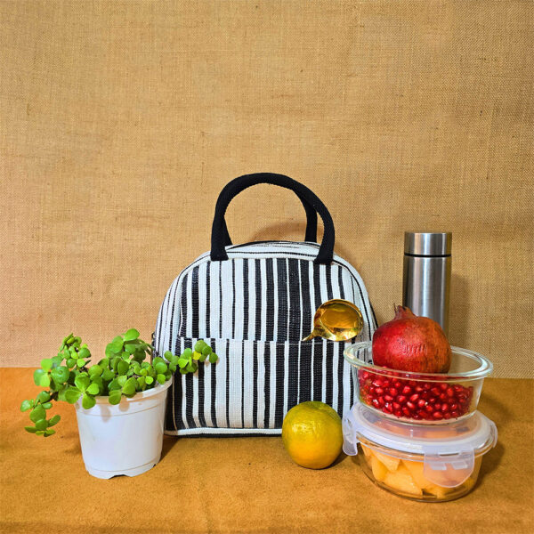 Rajiben – Black & White Stripe Upcycled Plastic Handwoven Lunch Bag