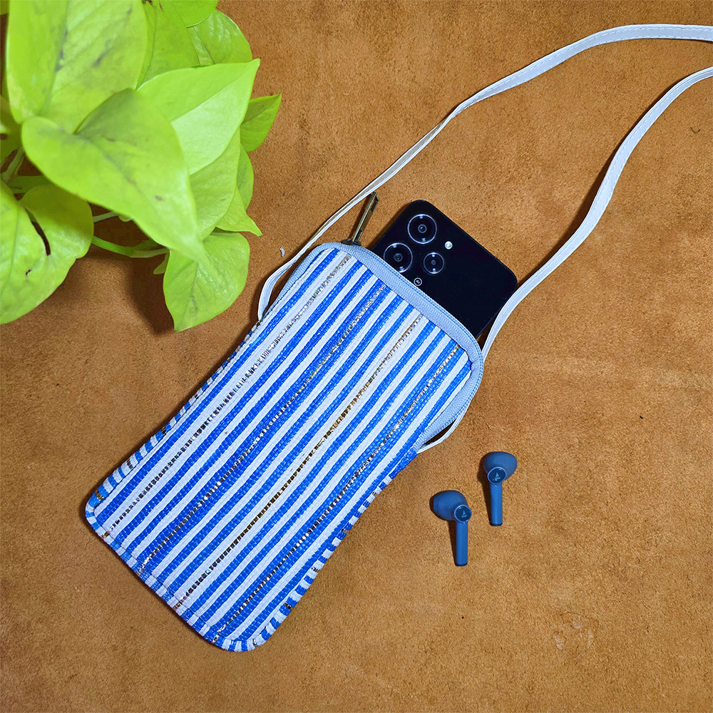 Rajiben- White & Blue strip Upcycled Plastic Handwoven Mobile Sling Bag - Image 2