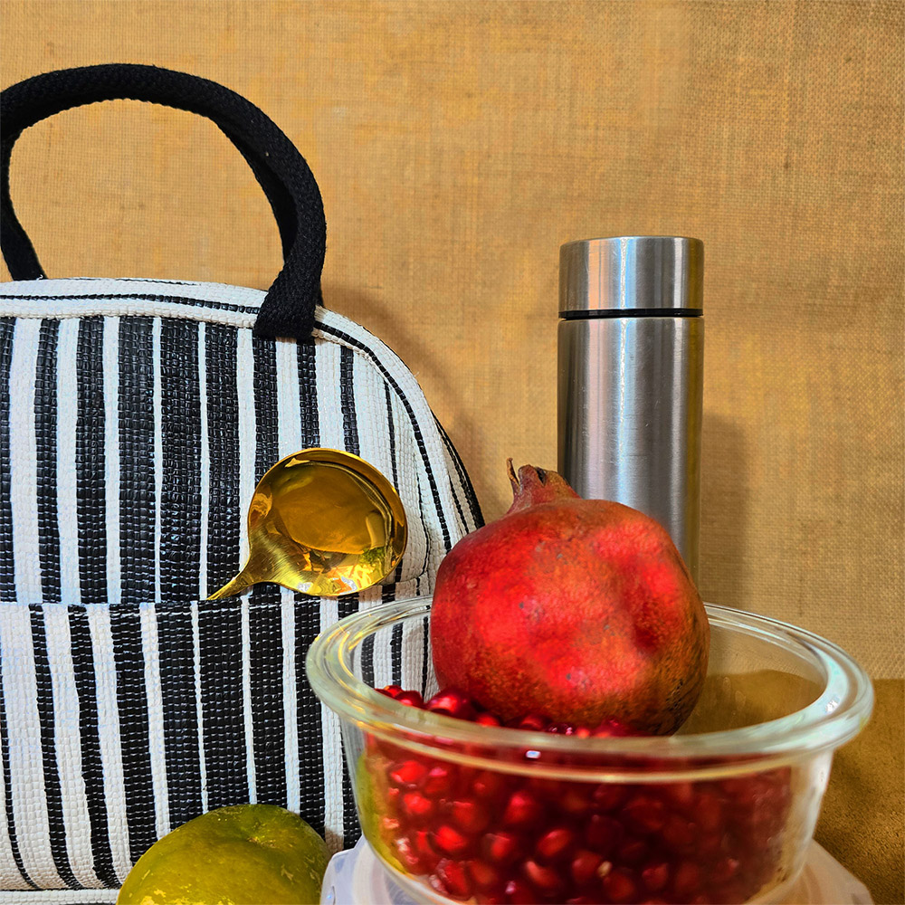 Rajiben – Black & White Stripe Upcycled Plastic Handwoven Lunch Bag - Image 2