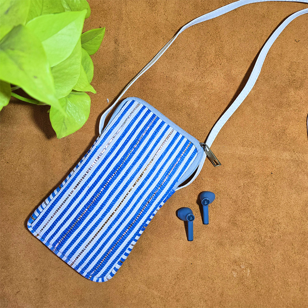 Rajiben- White & Blue strip Upcycled Plastic Handwoven Mobile Sling Bag