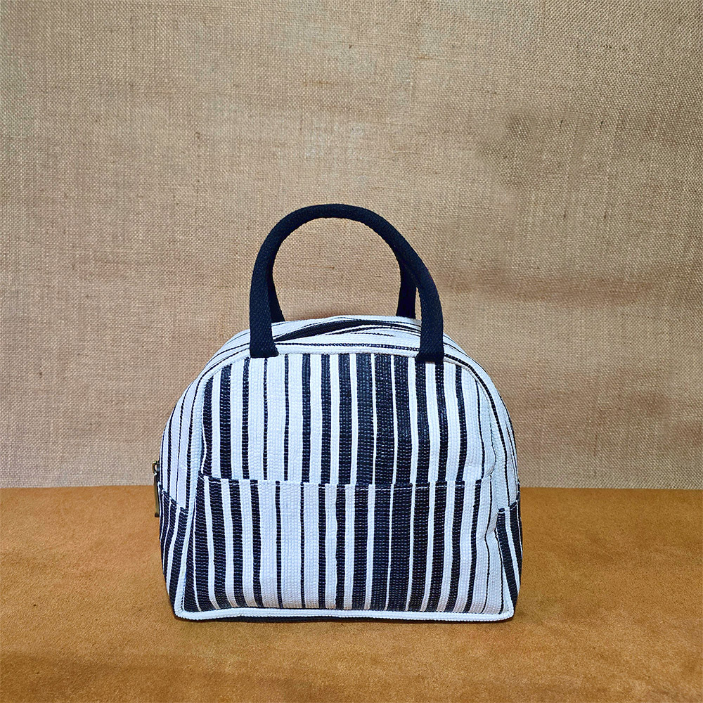 Rajiben – Black & White Stripe Upcycled Plastic Handwoven Lunch Bag - Image 4
