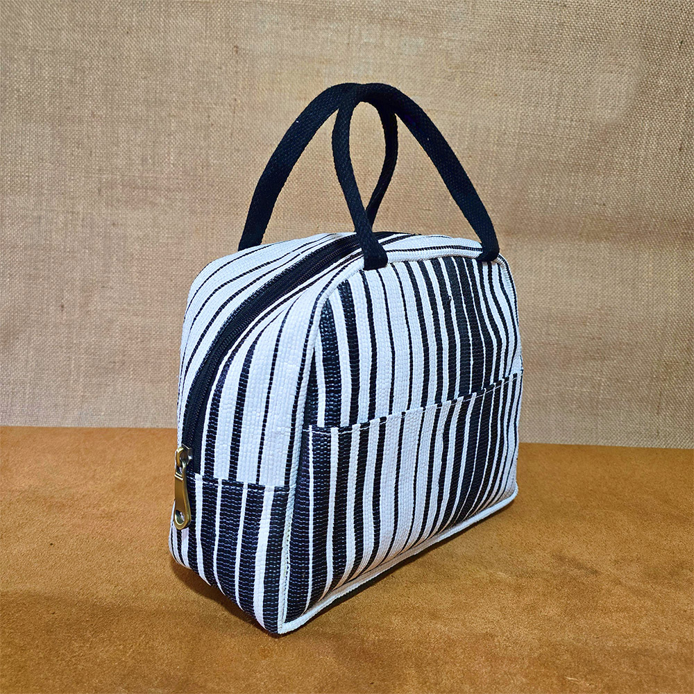 Rajiben – Black & White Stripe Upcycled Plastic Handwoven Lunch Bag - Image 5
