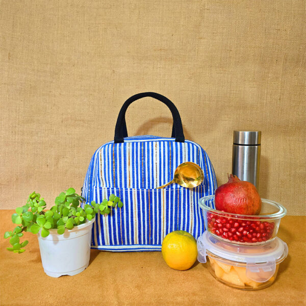 Rajiben – Blue & White Stripe Upcycled Plastic Handwoven Lunch Bag