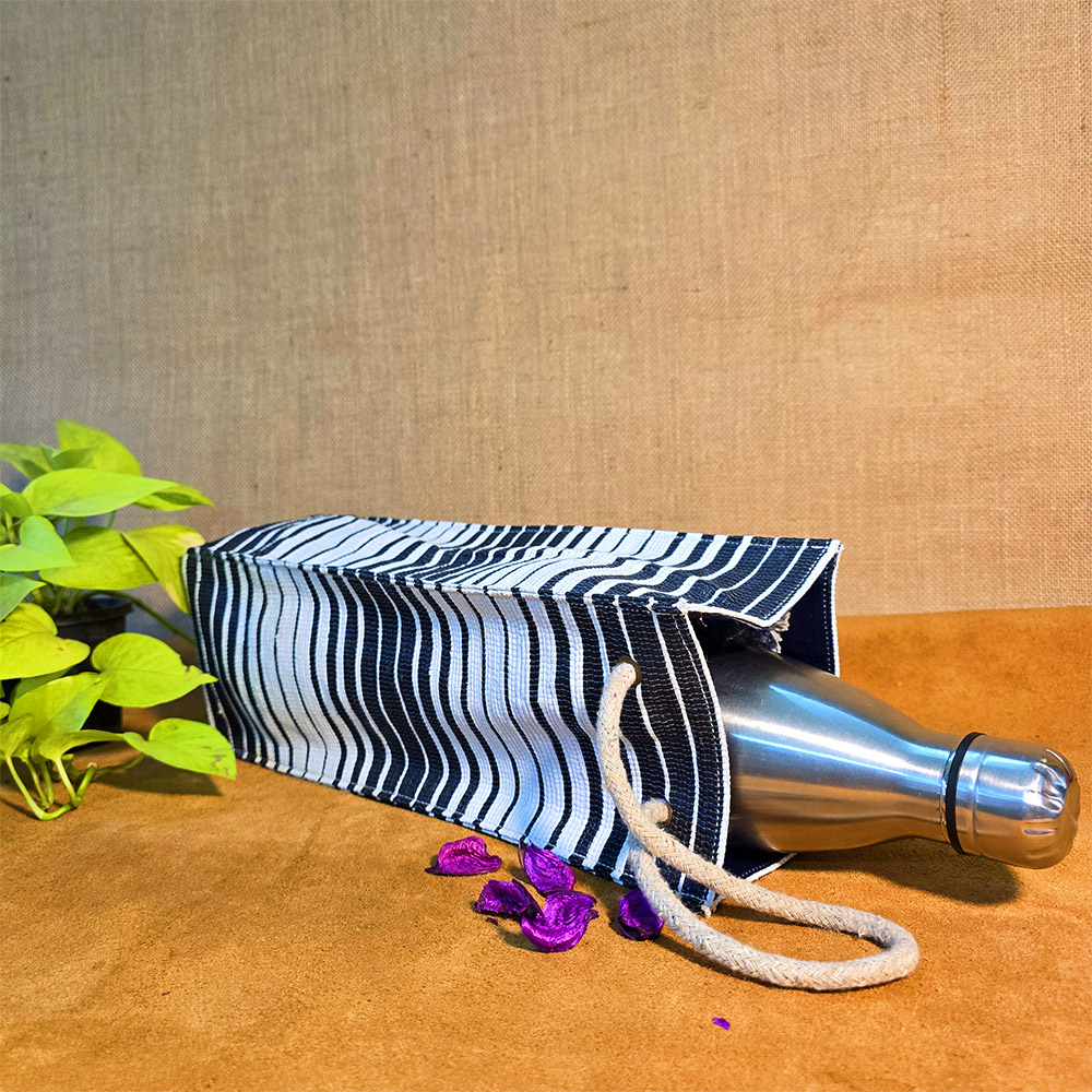 Rajiben – Black & White Stripe Upcycled Plastic Handwoven Raji Bottle Cover - Image 2