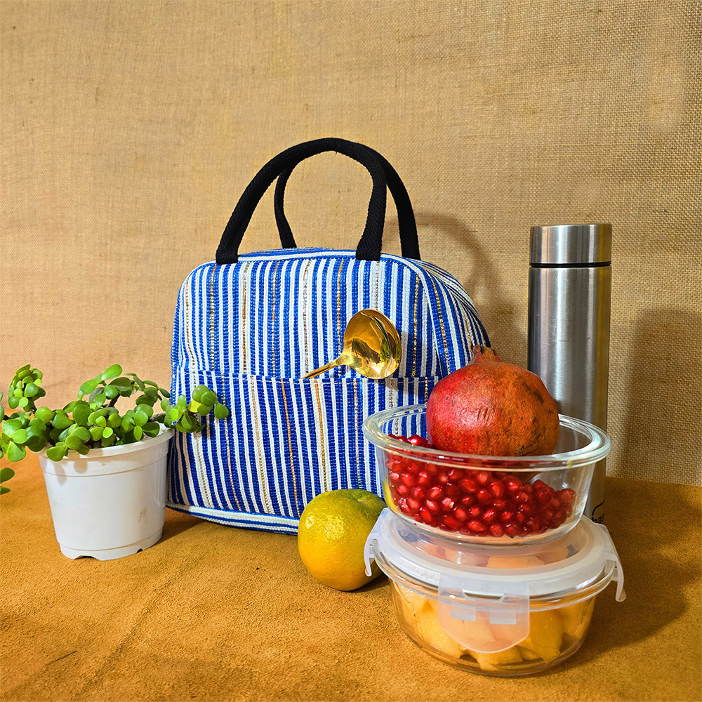 Rajiben – Blue & White Stripe Upcycled Plastic Handwoven Lunch Bag - Image 2