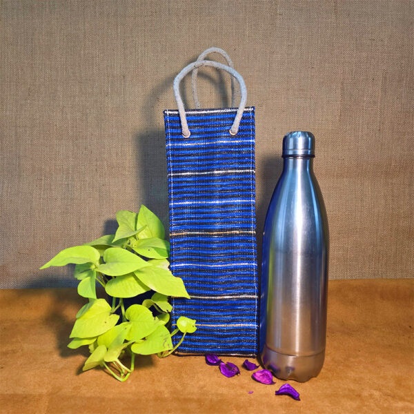 Rajiben – Blue Stripe Upcycled Plastic Handwoven Raji Bottle Cover