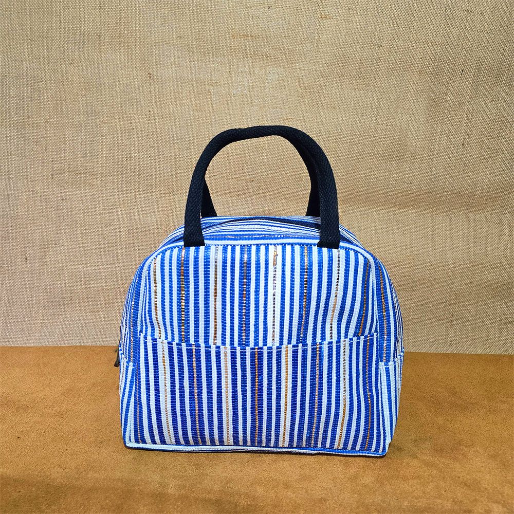 Rajiben – Blue & White Stripe Upcycled Plastic Handwoven Lunch Bag - Image 4