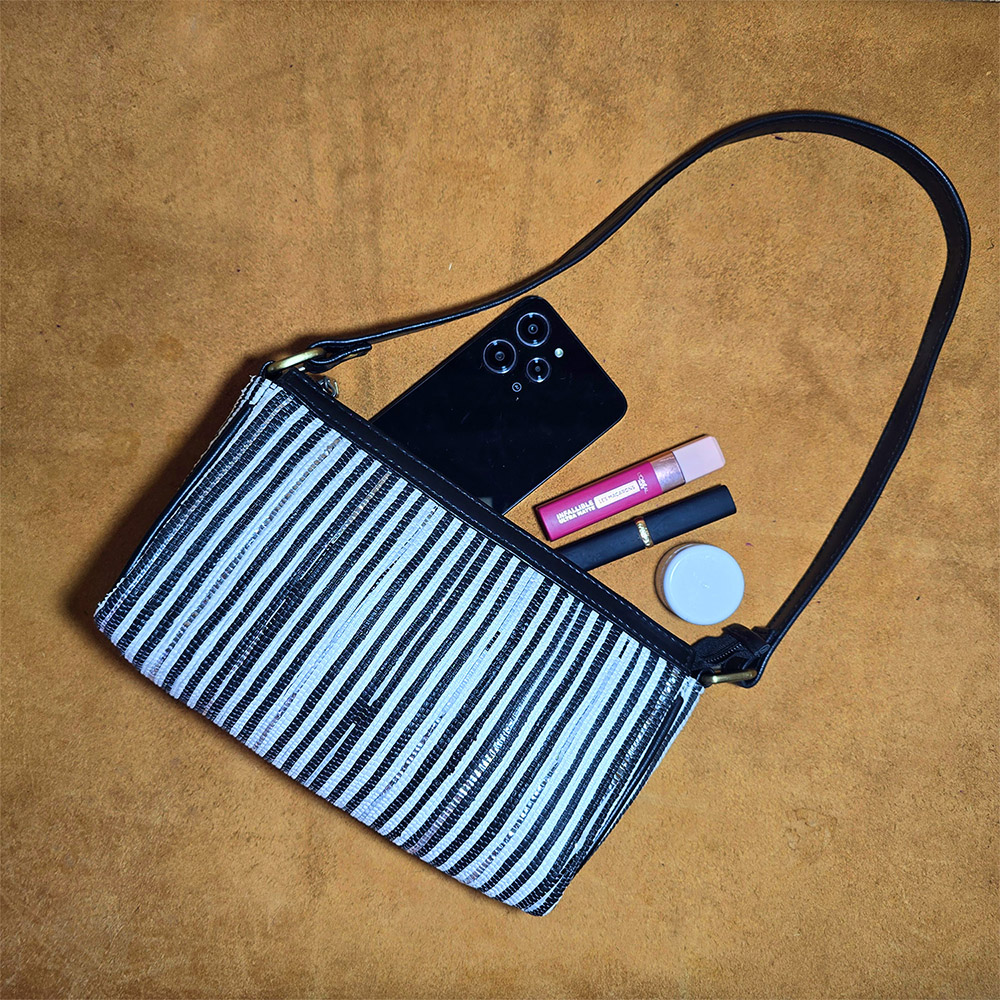 Black and White Eco-Friendly Raji Baguette Bag – Fashion with a Purpose - Image 3