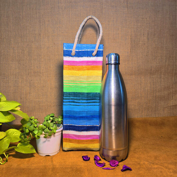 Rajiben – Blue - Multicolour Stripe Upcycled Plastic Handwoven Raji Bottle Cover