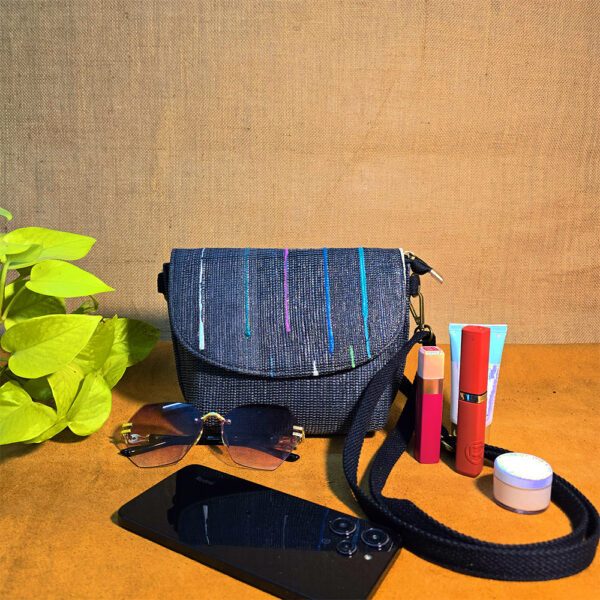 Rajiben- Denim blue - multicolour stripe flap  Upcycled Plastic Handwoven Sling Bag