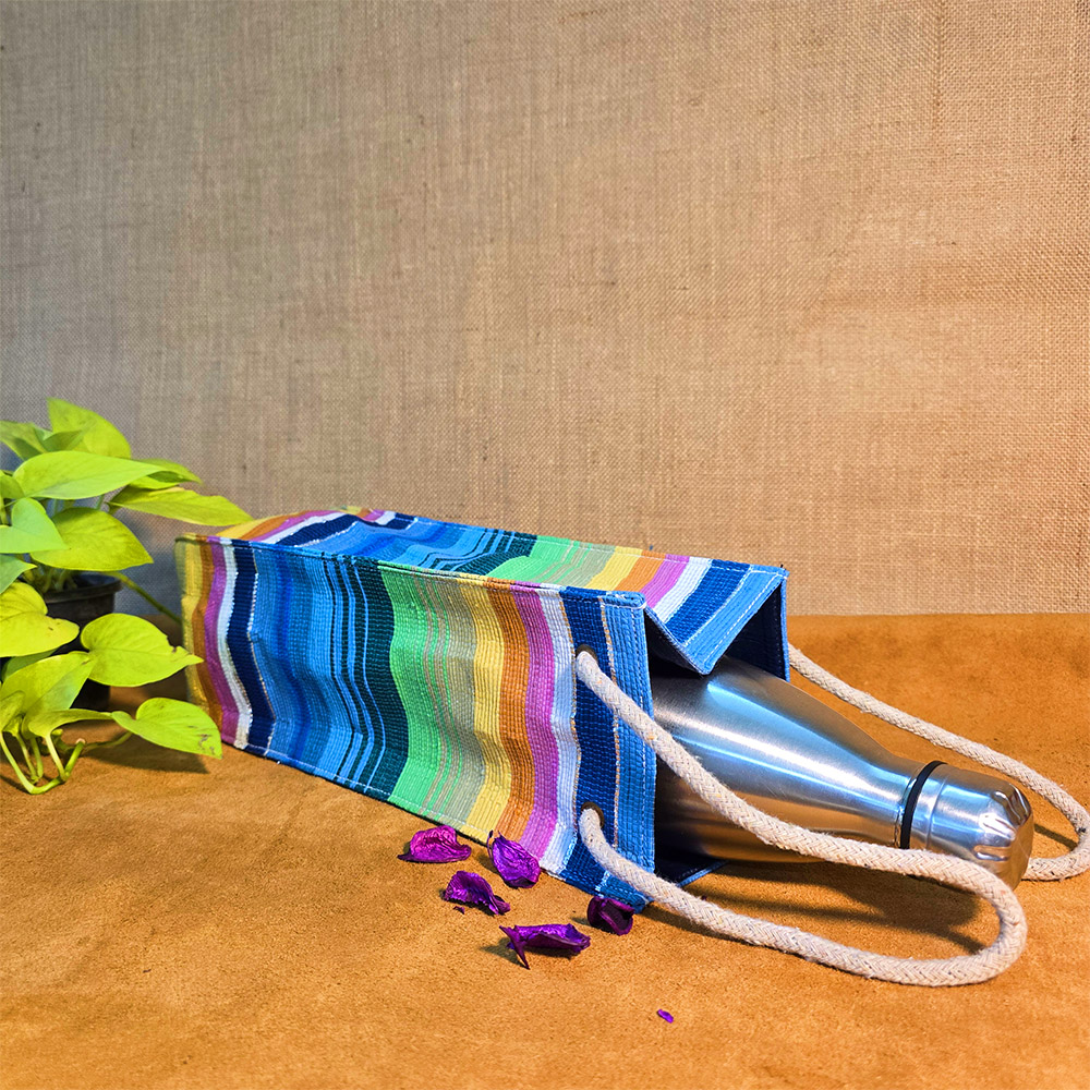 Rajiben – Blue - Multicolour Stripe Upcycled Plastic Handwoven Raji Bottle Cover - Image 2