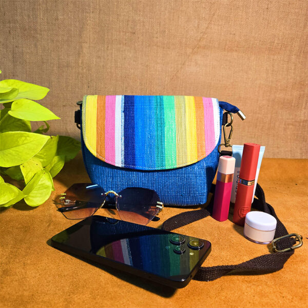 Rajiben- Blue - multicolour flap  Upcycled Plastic Handwoven  Sling Bag