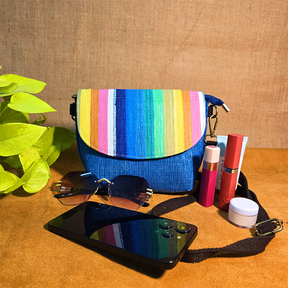 Rajiben- Blue - multicolour flap Upcycled Plastic Handwoven Sling Bag