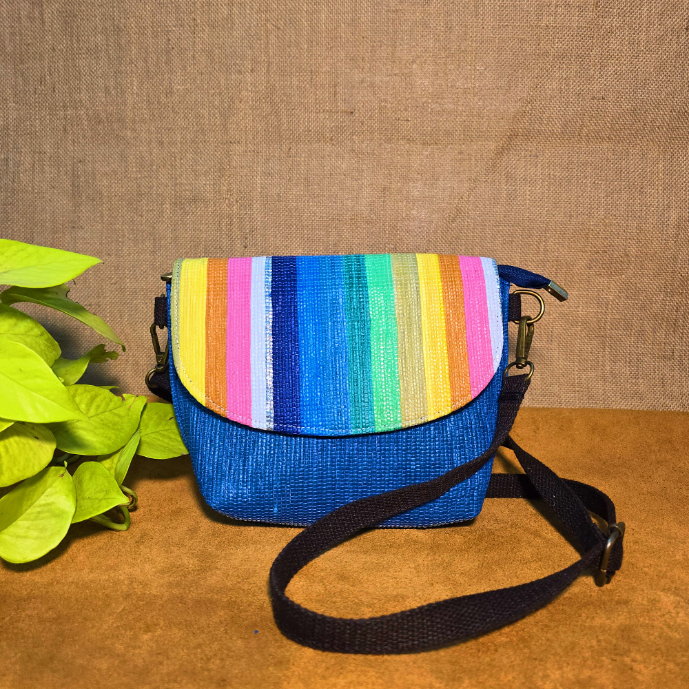 Rajiben- Blue - multicolour flap Upcycled Plastic Handwoven Sling Bag - Image 2