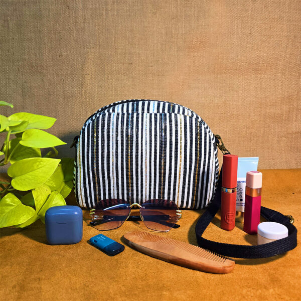 Rajiben- Black & White Stripe Upcycled Plastic Handwoven Dome shape Sling Bag