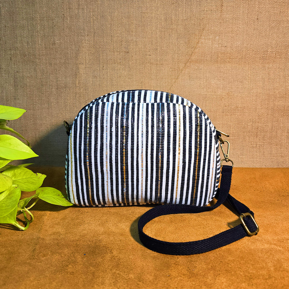 Rajiben- Black & White Stripe Upcycled Plastic Handwoven Dome shape Sling Bag - Image 2
