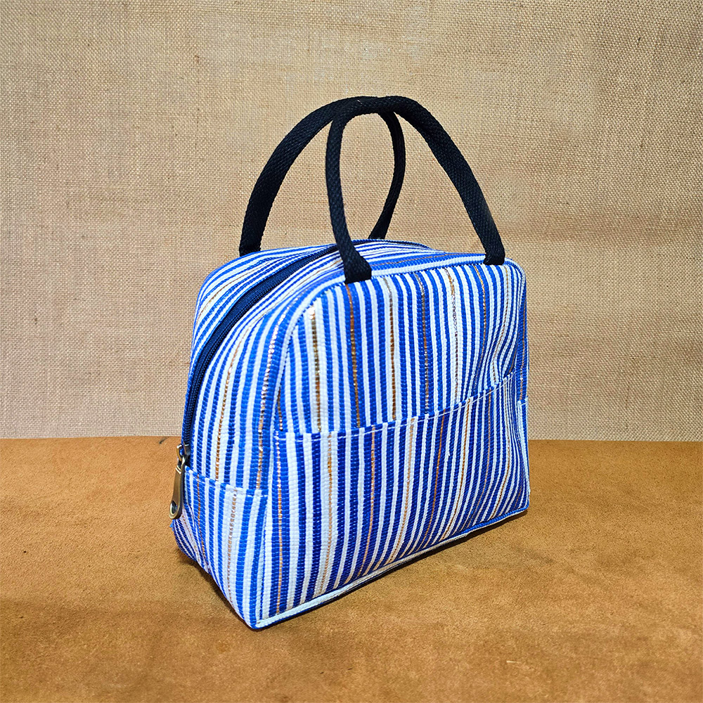 Rajiben – Blue & White Stripe Upcycled Plastic Handwoven Lunch Bag - Image 5
