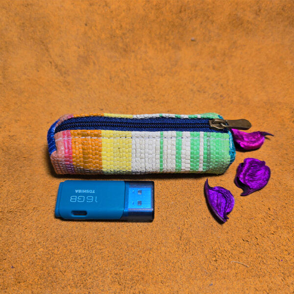 Rajiben- White & Multicolour strip Upcycled Plastic Handwoven Pen Drive Case