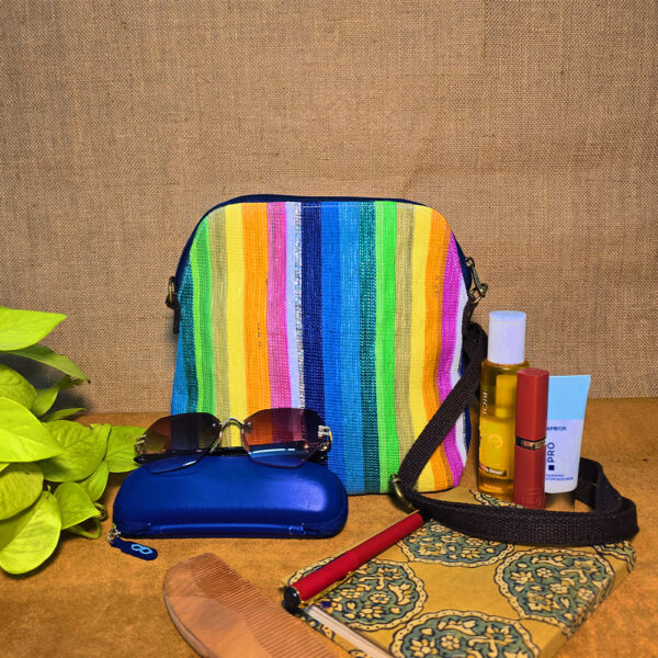 Rajiben- Multicolour Upcycled Plastic Handwoven curved rectangular Sling Bag