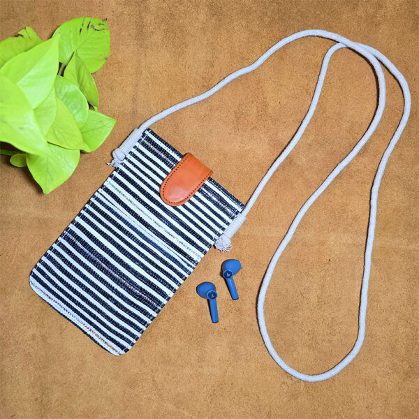 Rajiben- Black & White Horizontal strip Upcycled Plastic Handwoven Mobile Sling Bag